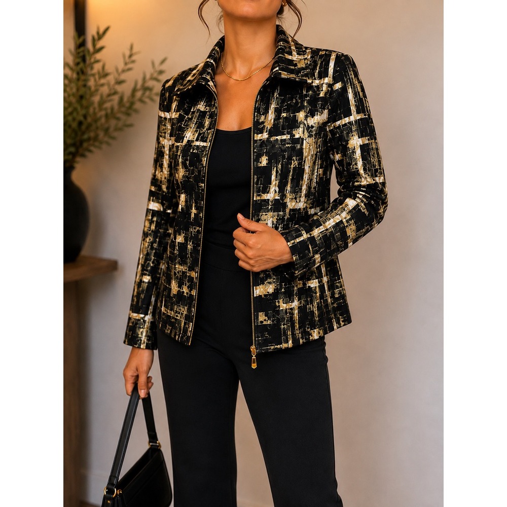S 167 Joseph Ribkoff Black Gold Metallic Abstract Zip Jacket Made in Canada